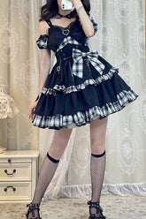BXOXO - Black/White Plaid Print Color Contrast Leather Buckle Bowknot Ruffle Gothic Lolita JSK Dress